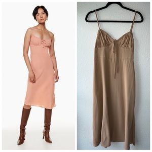 CAMELLIA Y2K Tan Beautiful Open Side Zipper MIDI Dress Size L.